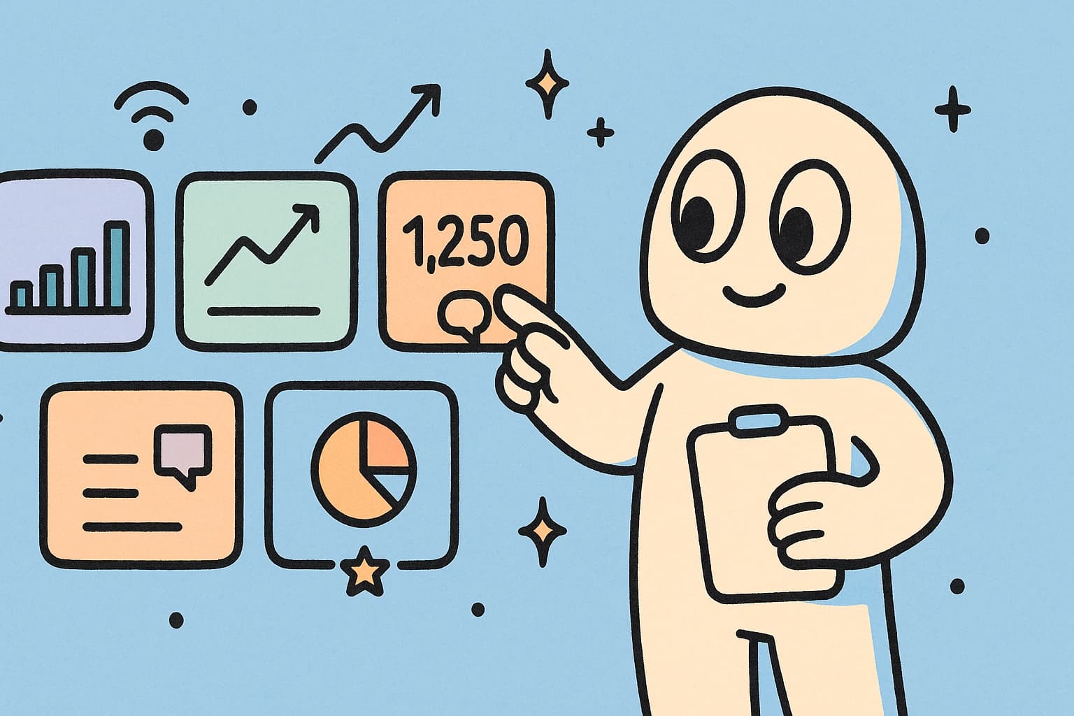 Illustrated analytics dashboard showing charts, graphs, and engagement metrics