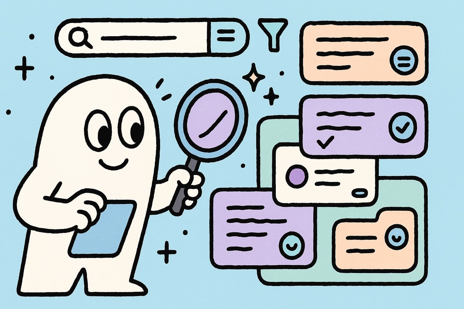 Illustrated chat log interface with search filters and conversation history