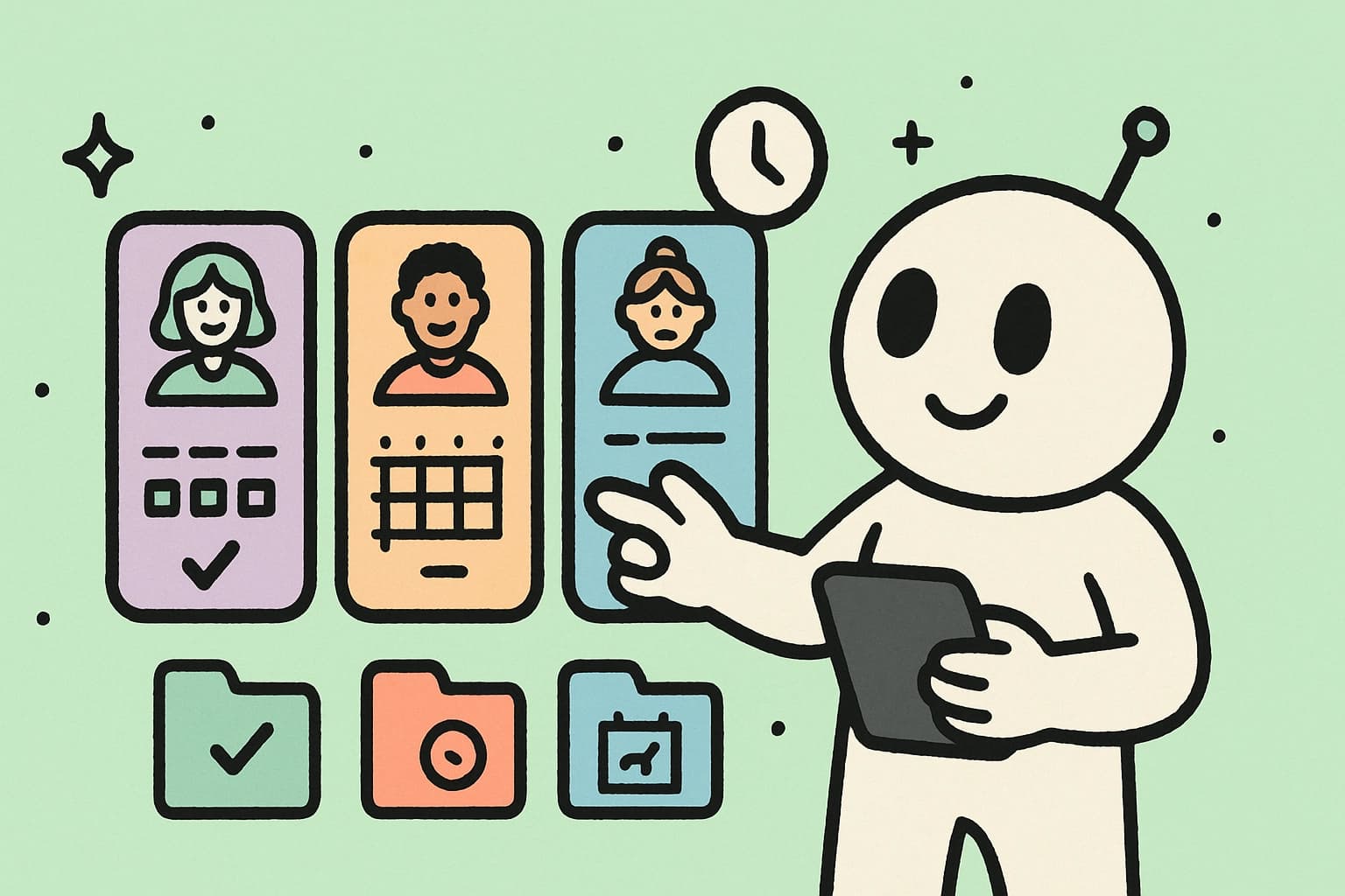 Illustrated team dashboard showing multiple employee cards with availability calendars and status indicators