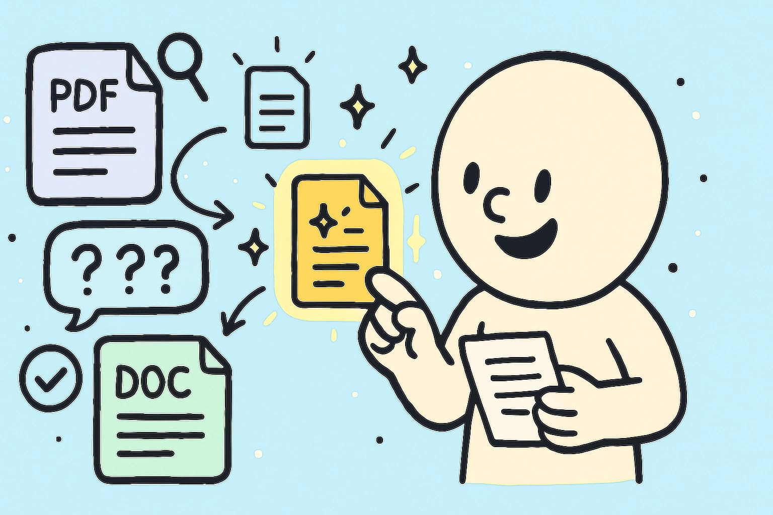 Illustrated AI character accessing knowledge documents to answer questions