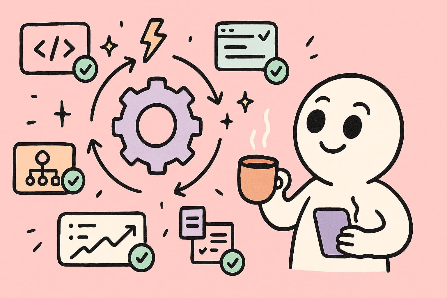 Illustrated SEO automation system with automatic optimization indicators